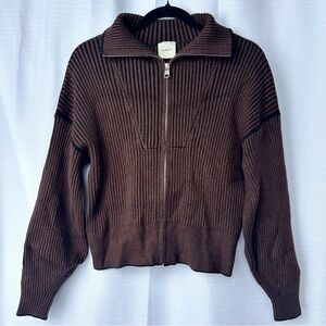 Varley - Chocolate Brown Ribbed Turtleneck Zipper Sweater with Black Detail